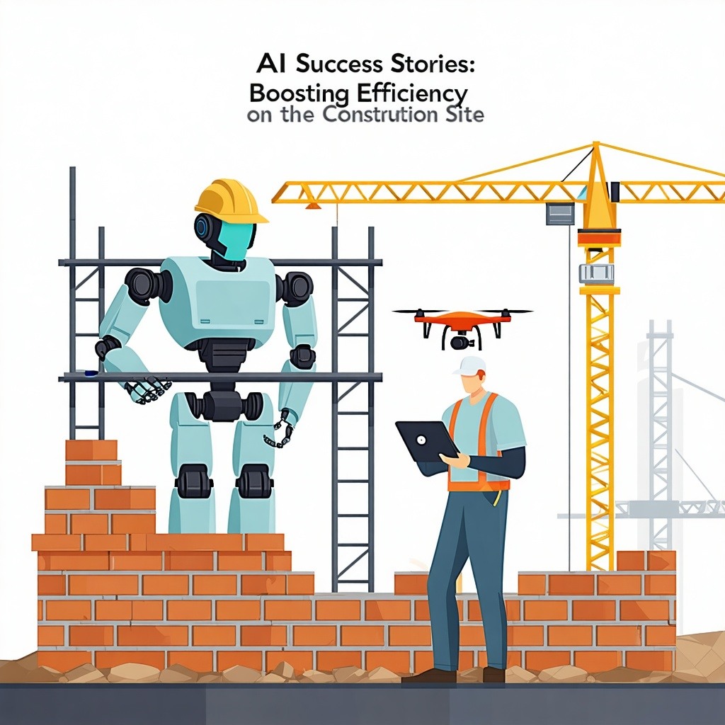A flat-style digital illustration titled "AI Success Stories: Boosting Efficiency on the Construction Site" featuring a robotic bricklayer, a construction worker using a tablet, and a drone surveying the area. The background shows a partially built structure with scaffolding and a crane, symbolising the integration of AI and automation in modern construction projects.